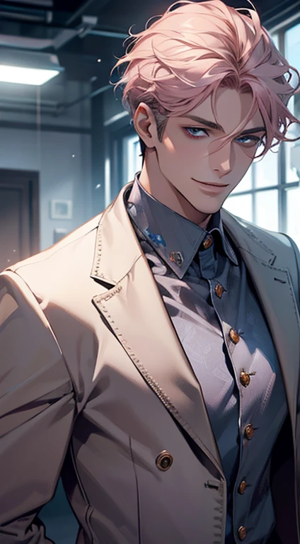 (best quality, masterpiece, 8K, photorealistic, cinematic lighting, hdr image, ultra detailed, beautiful image), a mature man, very handsome, smile, short grey pink hair, blue eyes, perfect face without errors, ((buttoning the jacket, CEO))