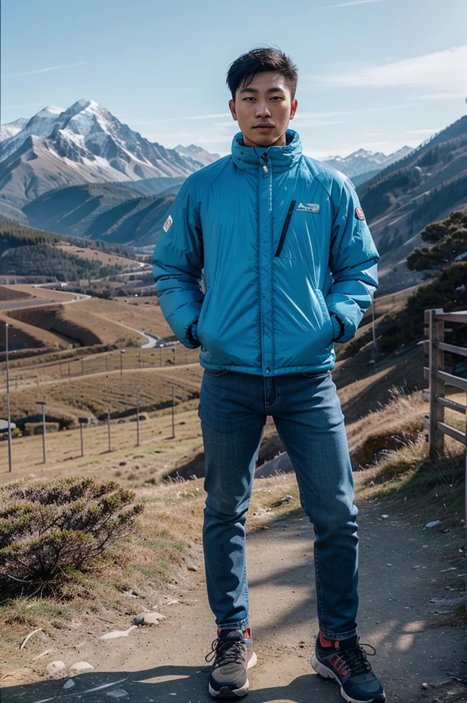 please make me a realistic photo of a 25-year-old Asian man with a handsome oval full body, wearing a parachute mountain jacket light blue colour, wearing black jeans, wearing mountain shoes, standing, with an aesthetic mountain background in the bright daylight.