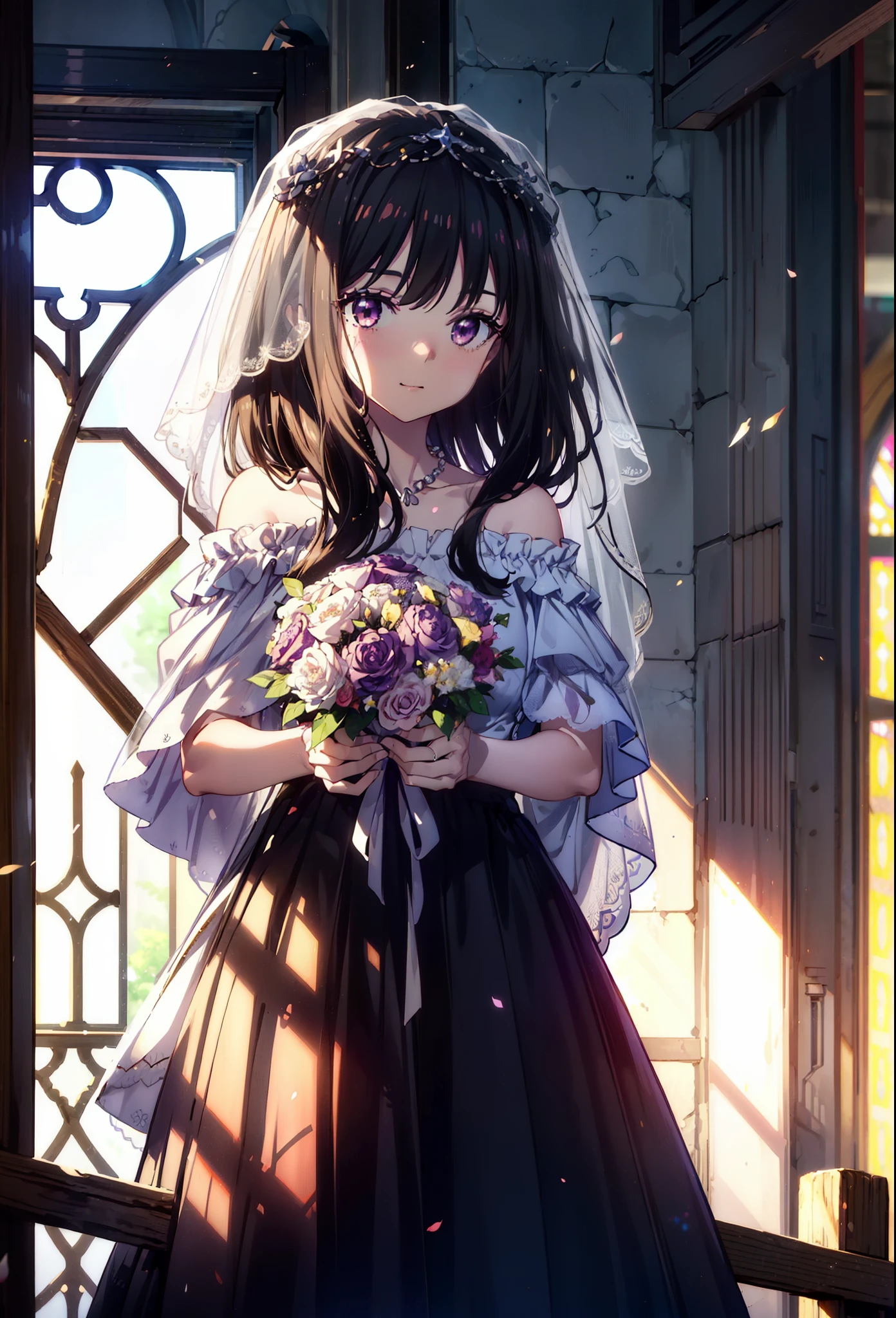 Takiuchikami, Long Hair, bangs, Black Hair, (Purple eyes:1.2),Veil,off-the-shoulder wedding dresses,necklace,Veil,wedding long skirt,holding a bouquet of flowers in both hands,smile,blush,As if your whole body is in the illustration,Daytime,sunny,
break indoors, Chapel,church,
break looking at viewer, Upper Body,(Cowboy Shot:1.5),
break (masterpiece:1.2), Highest quality, High resolution, unity 8k wallpaper, (shape:0.8), (Beautiful attention to detail:1.6), Highly detailed face, Perfect lighting, Extremely detailed CG, (Perfect hands, Perfect Anatomy),