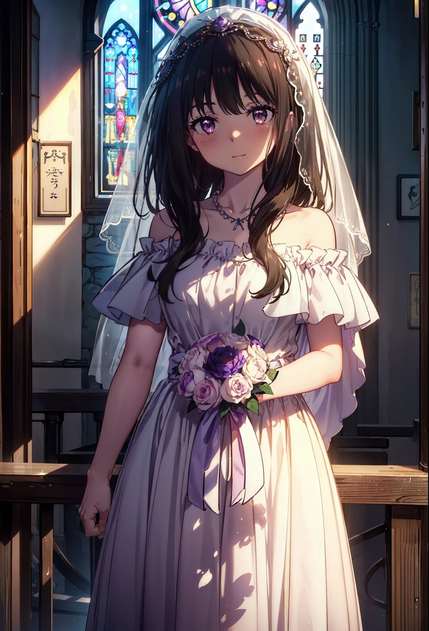 Takiuchikami, Long Hair, bangs, Black Hair, (Purple eyes:1.2),Veil,off-the-shoulder wedding dresses,necklace,Veil,wedding long skirt,holding a bouquet of flowers in both hands,smile,blush,As if your whole body is in the illustration,Daytime,sunny,
break indoors, Chapel,church,
break looking at viewer, Upper Body,(Cowboy Shot:1.5),
break (masterpiece:1.2), Highest quality, High resolution, unity 8k wallpaper, (shape:0.8), (Beautiful attention to detail:1.6), Highly detailed face, Perfect lighting, Extremely detailed CG, (Perfect hands, Perfect Anatomy),