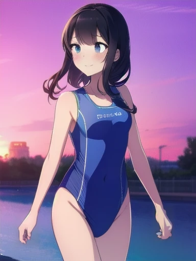 top-quality、Full limbs、complete fingers、Slender beauty、1 persons、ssmile、embarassed expression、School swim wear、Dark blue knee-high、Standing、straighten your legs