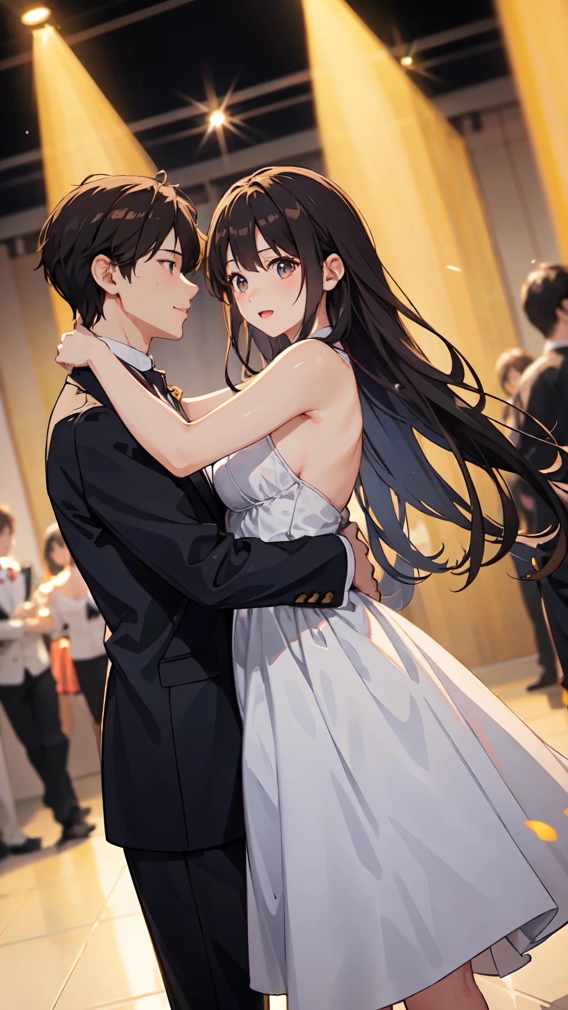 A girl with light blue long hair wearing a dress. On a date with a guy、dance hall、In the spotlight、A couple dancing intensely
A man in a suit、A woman in a sexy dress

