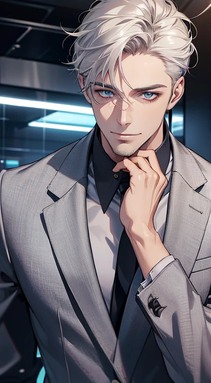 (best quality,4k,8k,highres,masterpiece:1.2),ultra-detailed,(realistic,photorealistic,photo-realistic:1.37),1 man,31 years old,mature man,very handsome,without expression,smile,short grey white hair,blue eyes,penetrating gaze,perfect face without errors,imposing posture,businessman,office background,cinematic lighting,hdr image