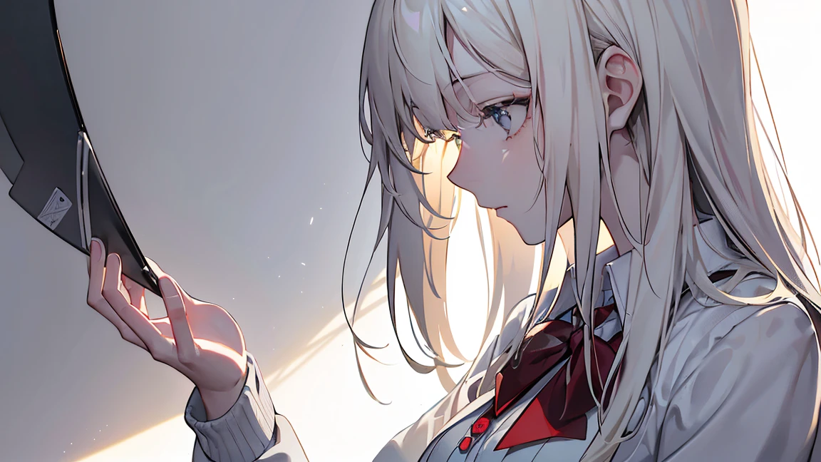 (Long Hair, bangs, Platinum Blonde Hair, profile:1.2),(Wear a cardigan over a collared shirt:1.2),1 person,Japanese,21 years old,(Small breasts:1.3),(Highest quality,masterpiece:1.3,超A high resolution,),(Ultra-detailed,Caustics),(Photorealistic:1.4,RAW shooting,)Ultra-Realistic Capture,Very detailed,High resolution 16K human skin close-up。 Natural skin texture、,Pores、、It needs to be detailed enough to be easily identifiable。 Skin should be even-toned and healthy looking。 Use natural light and colour, Sad expression, Looking at the camera, Perfect dynamic composition, Outdoor