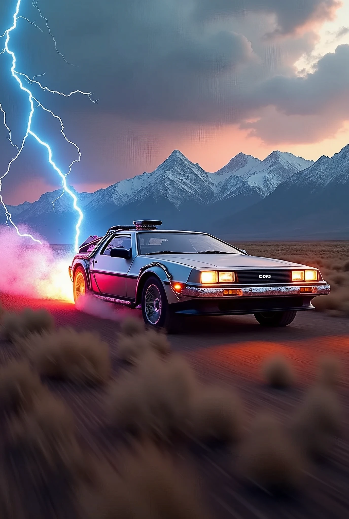 Create a dynamic and thrilling scene featuring the iconic DeLorean-like car from "Back to the Future" speeding across a vast, open field with the majestic Andes mountains forming a stunning backdrop. The car is captured from a drone's perspective, emphasizing its incredible speed as it tears through the landscape. Electric blue and pink lightning bolts crackle around the vehicle, and flames trail behind its wheels, leaving a fiery path in its wake.
The field is a mix of wild grasses swaying in the wind, and the scene is set at dusk, with the last light of the sun casting a warm, golden glow over the mountains. The Andes rise in the distance, their snow-capped peaks towering over the scene, adding a sense of grandeur and scale. The sky is filled with dramatic clouds, swirling as if disturbed by the car's temporal disruption.
The DeLorean's sleek, metallic body reflects the colors of the sunset and the electric sparks surrounding it. The car’s headlights are beaming forward, cutting through the fading light as it races towards an unknown destination. The drone’s high-angle view captures the entire scene, showcasing the contrast between the futuristic technology of the car and the timeless, natural beauty of the Andes.
The composition is charged with motion and energy, combining the excitement of high-speed travel with the serene, awe-inspiring beauty of the South American landscape. The lightning, flames, and the car's trail through the field all contribute to a sense of unstoppable momentum, as the DeLorean continues its journey through time.