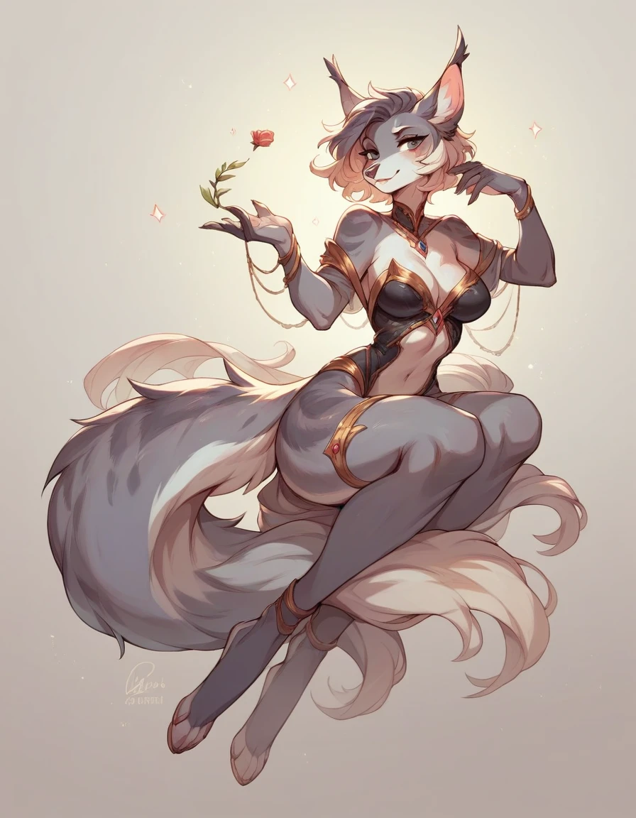 High-quality, and attractive female anthropomorphic furry character, expressive facial features, beautiful and seductive expression, simple outfit, in a simple minimalist background setting, digital illustration, full body