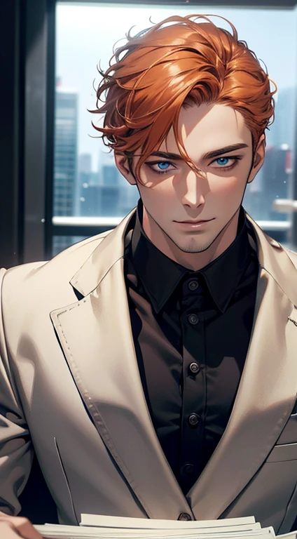 (best quality,4k,8k,highres,masterpiece:1.2),ultra-detailed,(realistic,photorealistic,photo-realistic:1.37),1 man,31 years old,mature man,very handsome,without expression,smile,short grey b
Orange hair,blue eyes,penetrating gaze,perfect face without errors,imposing posture,businessman,office background,cinematic lighting,hdr image