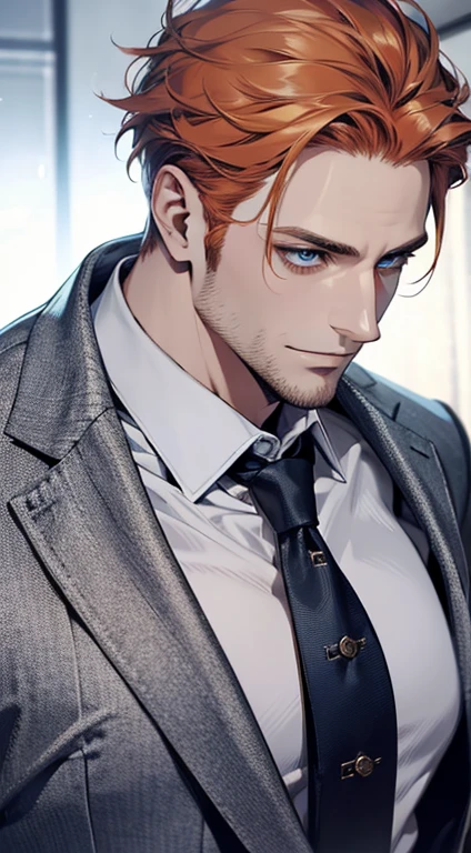(best quality,4k,8k,highres,masterpiece:1.2),ultra-detailed,(realistic,photorealistic,photo-realistic:1.37),1 man,31 years old,mature man,very handsome,without expression,smile,short grey b
Orange hair,blue eyes,penetrating gaze,perfect face without errors,imposing posture,businessman,office background,cinematic lighting,hdr image