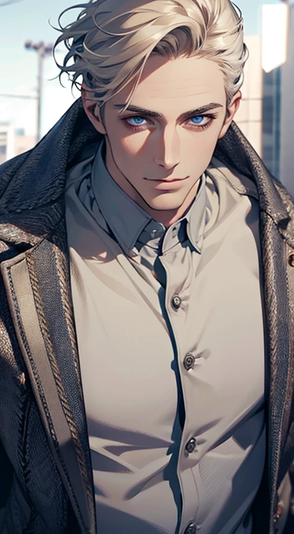 (best quality,4k,8k,highres,masterpiece:1.2),ultra-detailed,(realistic,photorealistic,photo-realistic:1.37),1 man,31 years old,mature man,very handsome,without expression,smile,short grey golden hair,blue eyes,penetrating gaze,perfect face without errors,imposing posture,businessman,office background,cinematic lighting,hdr image
