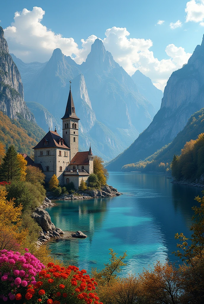 head of'artwork, best quality, high quality, extremely detailed CG unit 8k wallpaper, scenery, Outside, sky, nuvens, jour, grand châtwater médiéval, no'humains, mountain, scenery, water, tree, blue sky, waterfall, falaise, nature, lake, river, village, automne, nuvensy sky, multicolored flowers, award-winning photography, bokeh, depth of field, HDR, floraison, aberration chromatique, Photorealistic, extremely detailed, tendance sur artstation, tendance sur CGsociety, Complexe, high details, spectacular, art à mi-parcours