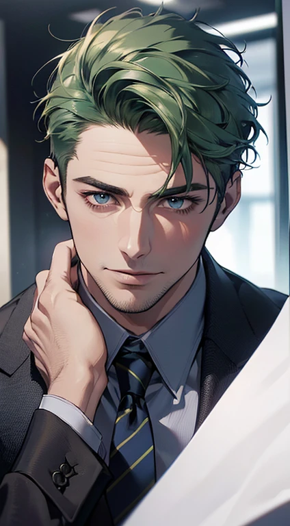 (best quality,4k,8k,highres,masterpiece:1.2),ultra-detailed,(realistic,photorealistic,photo-realistic:1.37),1 man,31 years old,mature man,very handsome,without expression,smile,short green hair,blue eyes,penetrating gaze,perfect face without errors,imposing posture,businessman,office background,cinematic lighting,hdr image