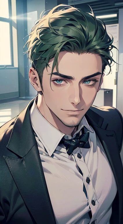 (best quality,4k,8k,highres,masterpiece:1.2),ultra-detailed,(realistic,photorealistic,photo-realistic:1.37),1 man,31 years old,mature man,very handsome,without expression,smile,short green hair,blue eyes,penetrating gaze,perfect face without errors,imposing posture,businessman,office background,cinematic lighting,hdr image