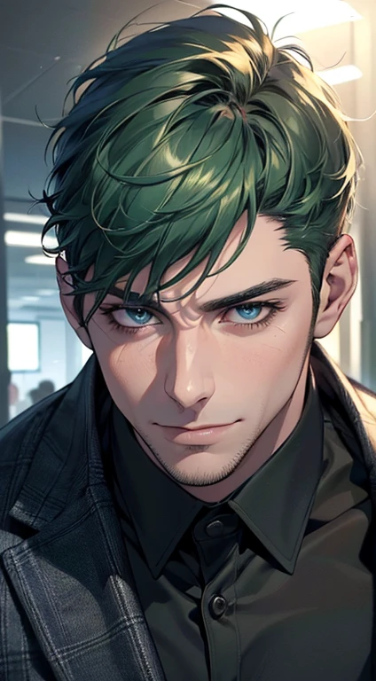 (best quality,4k,8k,highres,masterpiece:1.2),ultra-detailed,(realistic,photorealistic,photo-realistic:1.37),1 man,31 years old,mature man,very handsome,without expression,smile,short green hair,blue eyes,penetrating gaze,perfect face without errors,imposing posture,businessman,office background,cinematic lighting,hdr image