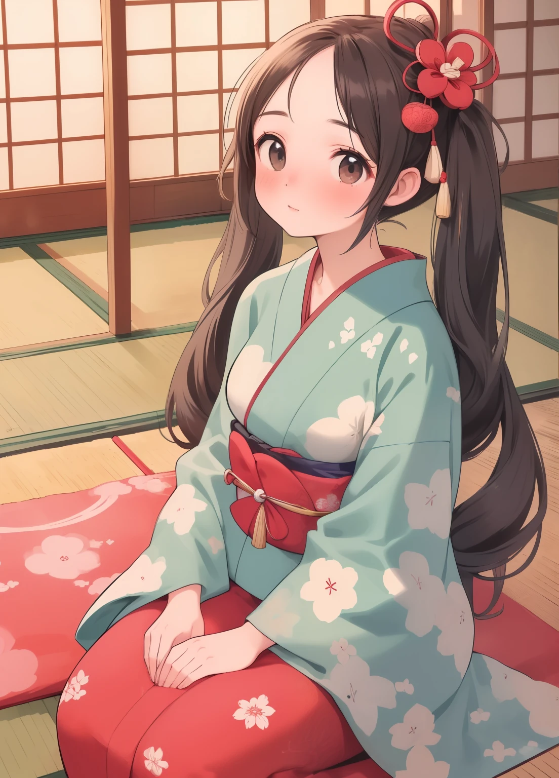 (masterpiece、Highest quality、Highest quality、Official Art、Beautiful and beautiful:1.2)、(One person:1.3)Hatsune Miku、Twin tails,Beautiful breasts, Katsushika Hokusai,A 24-year-old woman who plays a traditional Japanese instrument. She has been a long time, With black hair and a beautiful kimono. She sits elegantly in front of the koto, a shakuhachi beside her, There is a shamisen nearby.. The setting is calm, It appears to be a traditional Japanese room with tatami mats and shoji screens., Evoking a sense of tranquility and heritage.