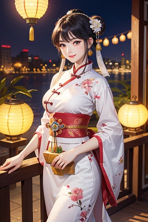 ( High resolution、 Super detailed)、masterpiece、Highest quality、High resolution、8k、Realistic skin texture、 Young and beautiful woman、Beautiful Face、Beautiful Face、Pretty lips、Ample breasts、Balanced style、Hair styled in a bright-colored round bun、Smiling eyes、Hanfu、Walking、Cowboy Shot、background、Buildings from the Tang Dynasty、The city of Chang'an during the Tang Dynasty in China、river view、Flower garden、Peach Blossom、Lantern Light、Detailed CG、