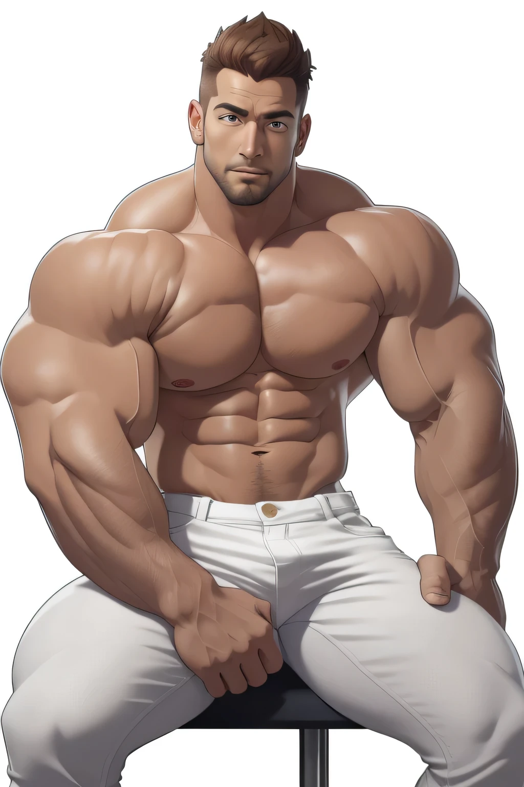 masterpiece, handsome ,sitting, clear face, clear eyes, best quality, muscular, bara, shirtless, mature male ,brown anime hair, large pectorals, huge arms and hands, thick eye browse, white jeans , cropped feet, white background