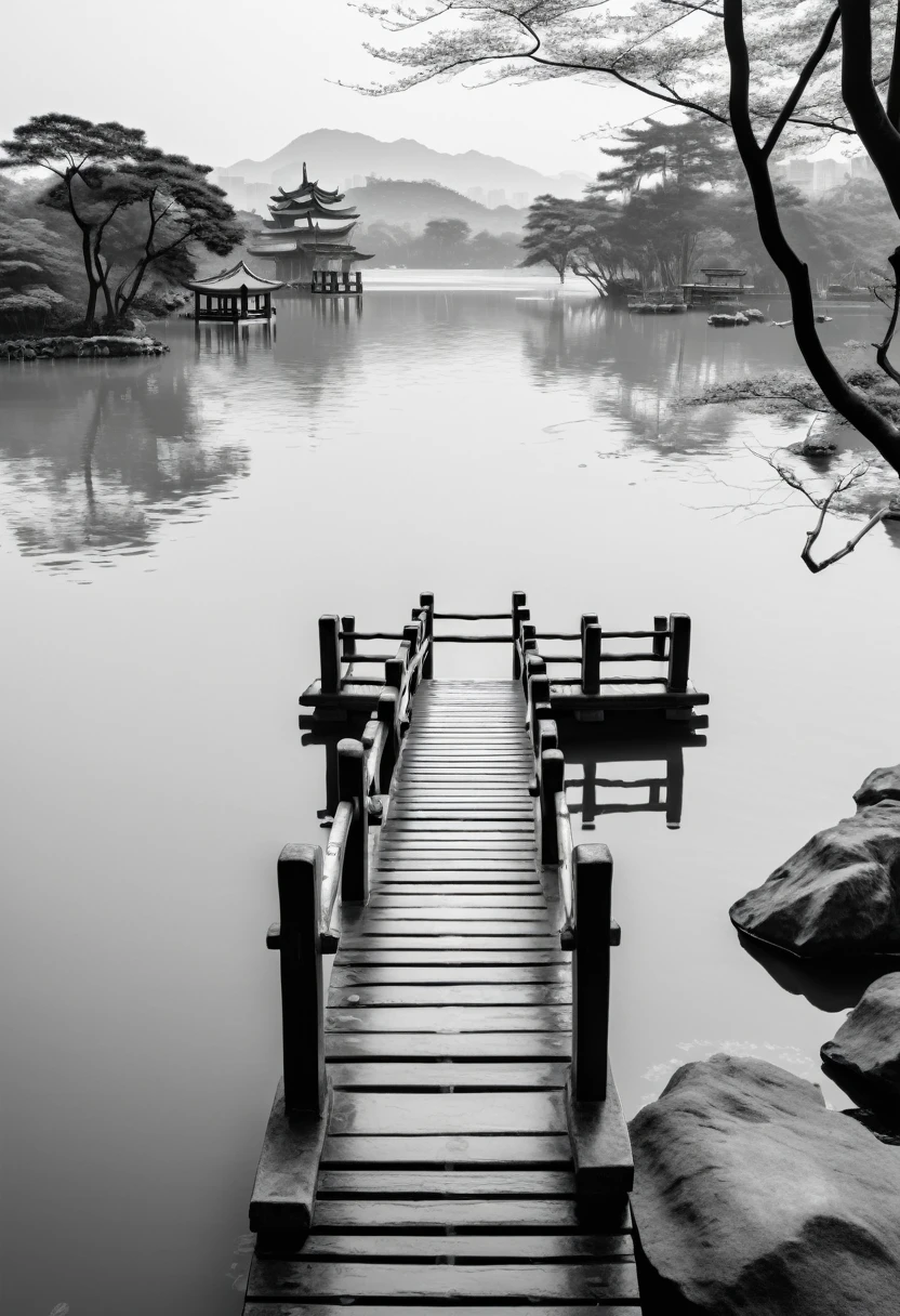A Kind of pictorial zen style,Ink painting,Great view of West
Lake,Small bridge and flowing water。8K,Black and White,Leica camera