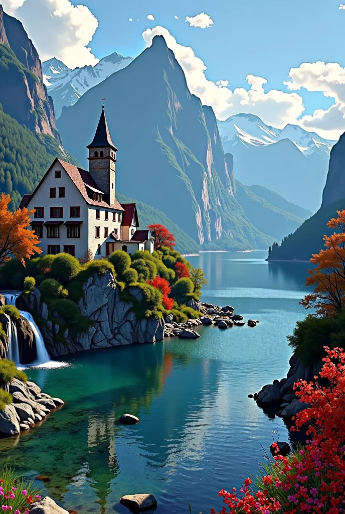 head of&#39;artwork, best quality, high quality, extremely detailed CG unit 8k wallpaper, scenery, Outside, sky, nuvens, jour, grand châtwater médiéval, no&#39;humains, mountain, scenery, water, tree, blue sky, waterfall, falaise, nature, lake, river, village, automne, nuvensy sky, multicolored flowers, award-winning photography, bokeh, depth of ﬁeld, HDR, floraison, aberration chromatique, Photorealistic, extremely detailed, tendance sur artstation, tendance sur CGsociety, Complexe, high details, spectacular, art à mi-parcours