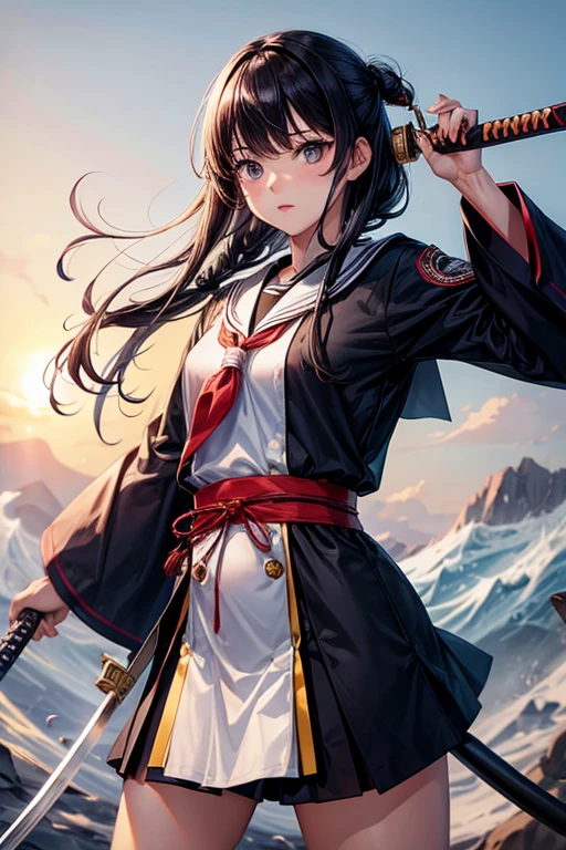 Black hair, Japanese sword, sailor uniform

