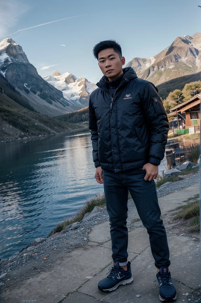 please make me a realistic photo of a 25-year-old Asian man with a handsome oval full body, wearing a ((the nort face)) parachute jacket navy blue colour, wearing black jeans, wearing mountain shoes, standing, with an aesthetic mountain background in the bright daylight.quality 8k
