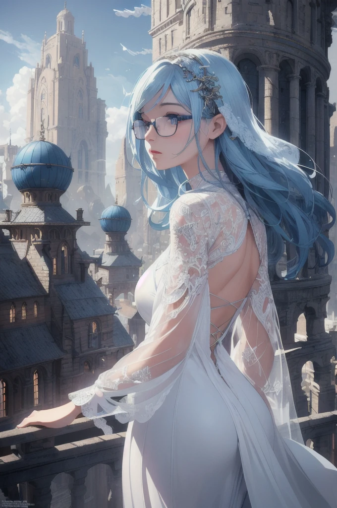 A highly detailed, clear, masterpiece, 8K, high resolution, ultra-detailed, photorealistic, professional lighting, cinematic lighting, fashion photography, ambient lighting, fantasy, background, floating trains, giant airships, surreal, amazing, scene, wonderful, complex, giant cityscapes, from below, ancient city, atmosphere,A girl from behind, full body, beautifully detailed eyes, beautifully detailed lips, extremely detailed eyes and face, long eyelashes, white dress, wearing glasses, blue hair, short hair, back view, atmospheric lighting, detailed foliage, vibrant colors, (highest quality, 4k, 8k, high resolution, masterpiece: 1.2), ultra detailed, (realistic, photorealistic, photorealistic: 1.37), complex background, dreamy atmosphere, cinematic lighting
