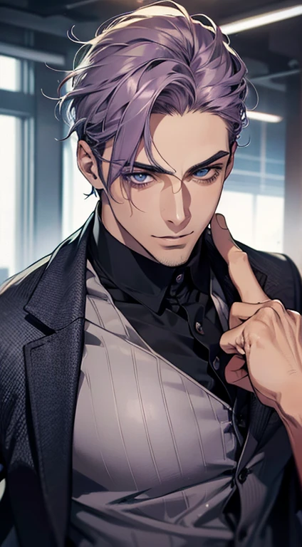 (best quality,4k,8k,highres,masterpiece:1.2),ultra-detailed,(realistic,photorealistic,photo-realistic:1.37),1 man,31 years old,mature man,very handsome,without expression,smile,short grey purple hair,blue eyes,penetrating gaze,perfect face without errors,imposing posture,businessman,office background,cinematic lighting,hdr image