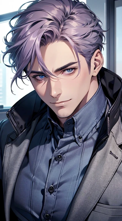 (best quality,4k,8k,highres,masterpiece:1.2),ultra-detailed,(realistic,photorealistic,photo-realistic:1.37),1 man,31 years old,mature man,very handsome,without expression,smile,short grey purple hair,blue eyes,penetrating gaze,perfect face without errors,imposing posture,businessman,office background,cinematic lighting,hdr image