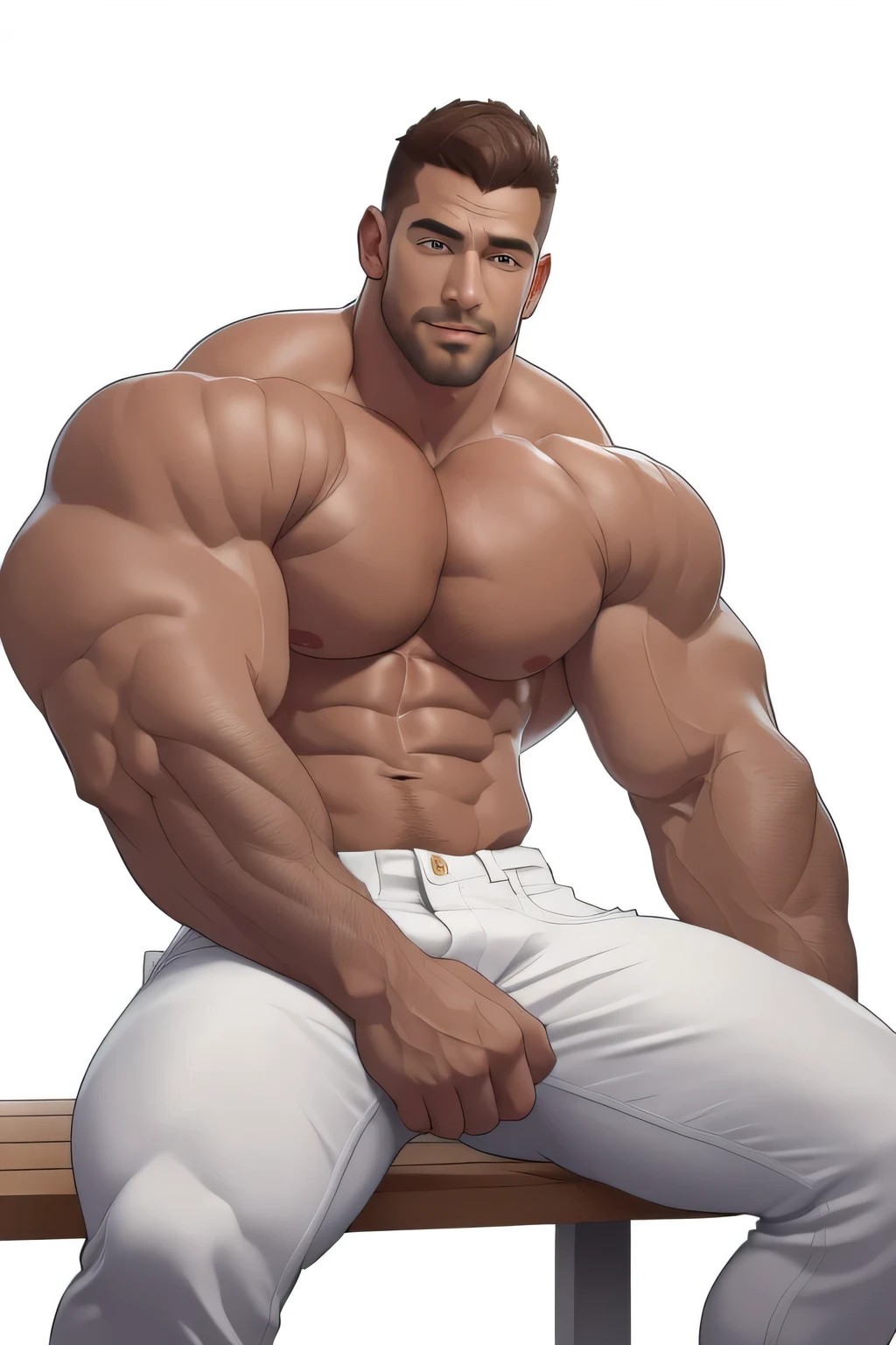 masterpiece, handsome ,sitting, clear face, clear eyes, best quality, muscular, bara, shirtless, mature male ,brown anime hair, large pectorals, huge arms and hands, thick eye browse, white jeans , cropped feet, white background