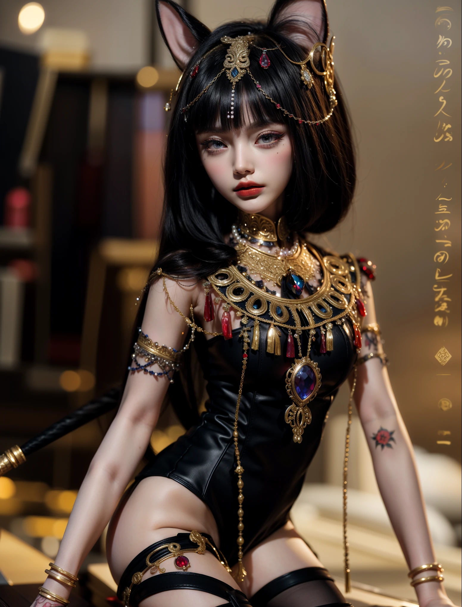 Royal princess,Extremely detailed, Delicate face, Stock Photography , Portrait 400, F1 Camera Lens.6, rich and colorful, Surrealism, Realistic textures, Dramatic Lighting, Thin Film Distiller 800 (8K, original photo, Better quality, masterpiece: 1.2), Extremely detailed, (Extremely delicate skin: 1.2), 8K ultra high definition, SLR camera, Soft Light, high quality.Fire Queen,Blue pupils,Wear red lipstick,Have a tattoo,The tattoo is very three-dimensional,Gorgeous and intricate tattoo designs,Dark eyeshadow,Sexy thick lips(Red lipstick),Gorgeous pearl and gemstone decoration,Cleopatra wore jewelry made of gold and precious stones.