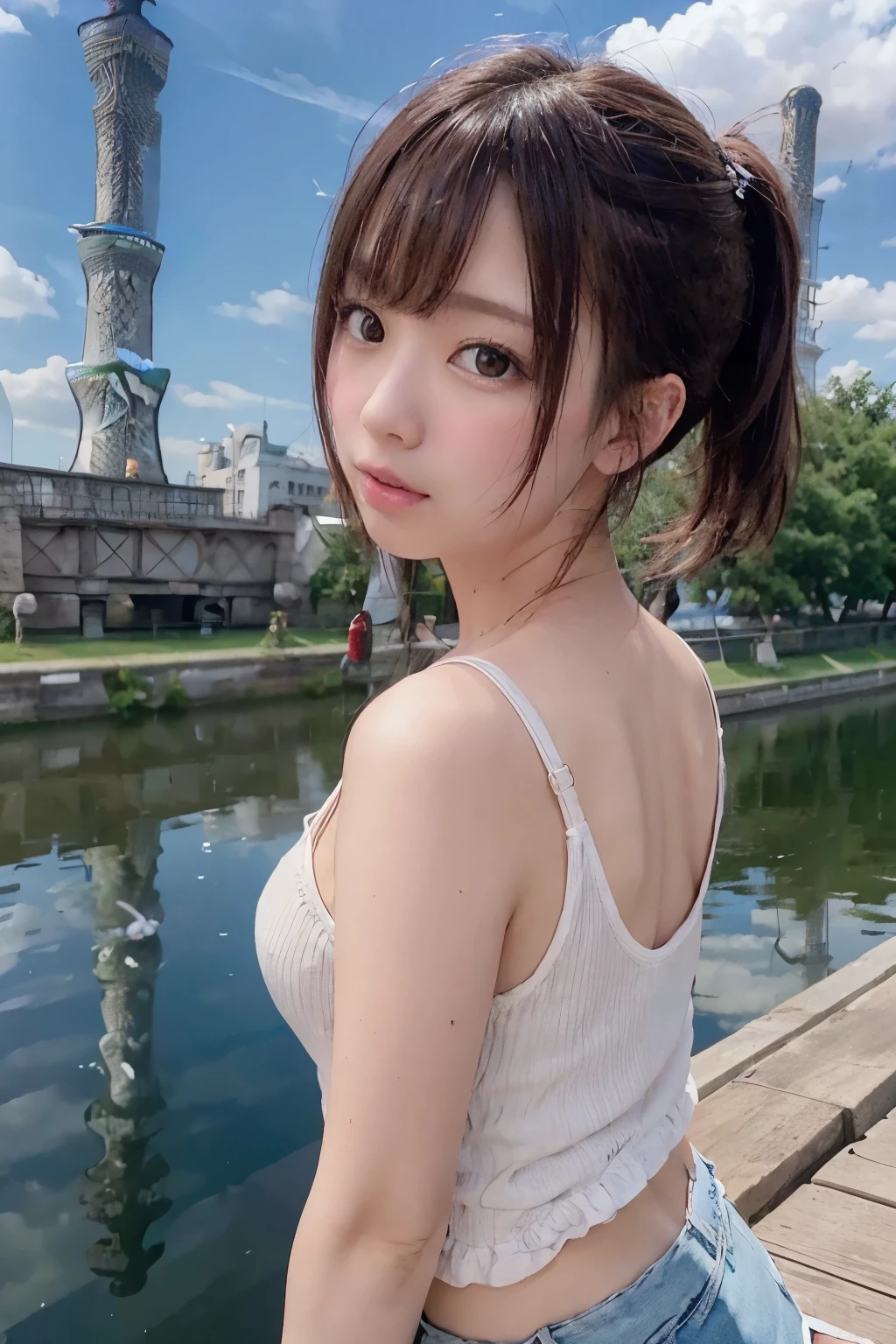 8K, RAW Photo, Best Quality, Masterpiece, Realistic, PhotoRealistic, Extremely Detailed 8K Wallpaper, Beautifully Detailed Eyes, Finely Detailed Face, 
 BREAK 
Professional Lighting, 
 BREAK 
(((Background s-bridge + t-skytree + s-river + bluesky + reflection + cloud:1.8))), 
 BREAK 
Perfectly Anatomically Correct:1.0, 5 Beautiful Thin Finger:1.0, 
 BREAK 
1 Girl, (Very Short Ponytail Hair), Kawaii, (Symmetrical Clear Eyes), 
Captivating Eye Reflections, Japanese, [[Wide-Set Eyes, Big Eyes, Almond-Shaped Eyes, tareme, Double Eyelids, Eye Bags, White Skinned, Blush, Embarrassed, 17-Year-Old, 
Round Face, Chiseled Face, Round Chin, Thin Lips, Small Nose, Oval-shaped Face, 
(Wet Hair), Messy Hair, Brown Hair, Open Mouse Slightly, [Pouted Cheek]]], Skindantation, 
Light Smiling, 
Looking Back Viewer, 
Wearing White Camisole + Random Bottoms, 
 BREAK 
SFW:1.4
 BREAK 
Face Focus, from Bellow:1.2, (Super Wide shot, Soft Saturation, Soft Contrast), Feet Out of Frame, Bokeh:1.2