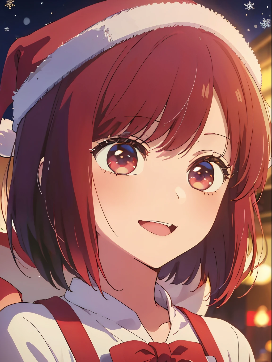 masterpiece、Very detailed、(One Girl:1.2)、Redhead、Big eyes、(((Close-up)))、smile、short hair、(((Anime Style)))、(((2D)))、Red eyes、Open your mouth、(((Santa )))、(((Christmas)))、8k、