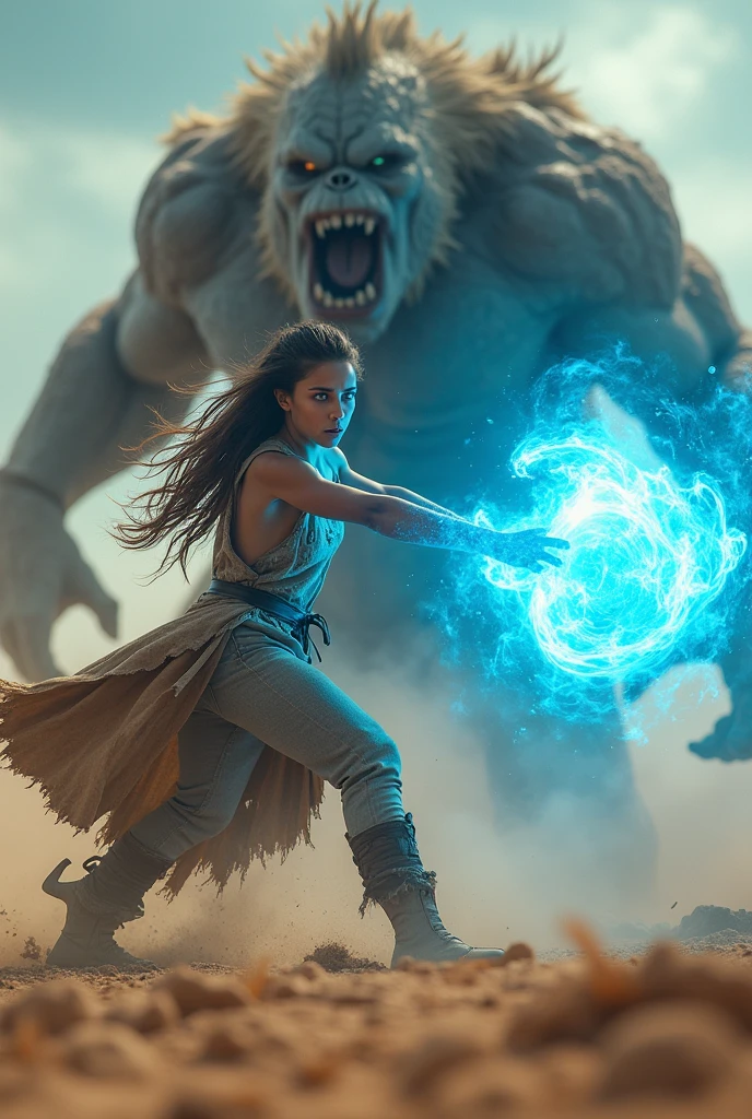 long exposure photo of a {sexy girl fight against a fierce and furious monster, torn and tattered clothes, casting a blue fire ball magic} girl fight against a big monstrous creature by casting blue fire ball magic, blurred edges, low angle, below view, slow shutter speed motion photography, whirl dust trail behind, shot on Fuji Film XT4 camera f/2. ISO 200, dynamic motion, cinematic movement, blurry edges, super detailed, perfect face, perfect motion, side view, best wallpaper quality, 8k, dust trail along the motion with a sand element transition movement of color background