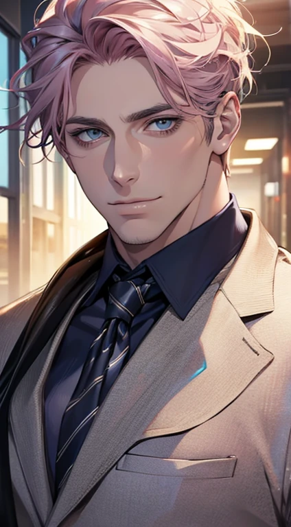 (best quality,4k,8k,highres,masterpiece:1.2),ultra-detailed,(realistic,photorealistic,photo-realistic:1.37),1 man,31 years old,mature man,very handsome,without expression,smile,short grey pink hair,blue eyes,penetrating gaze,perfect face without errors,imposing posture,businessman,office background,cinematic lighting,hdr image