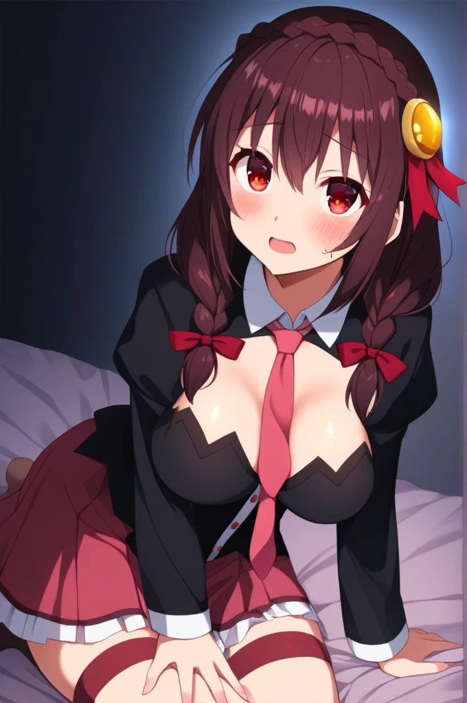 alone, One person, Yunyun, (Mouth open)、 (blush:1.2)、Crown braids of the same color as your hair, (Glowing red eyes:1.8)、(eyes shine red:1.8)、hair ornaments, Hair Ribbon, Pink tie, Long sleeve, Pink Skirt, Knee socks, Cleavage, Kneeling on the bed、Sweat a lot、(Eyes glowing red in the darkness:1.8)