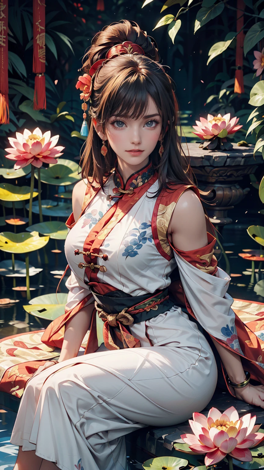 Ancient Chinese beauty sitting on a stone, Wearing ancient Chinese costumes, Flowing blue tulle, light silk, Lazy pose, Big lotus leaf, Lotus flower, Ink painting style, Beautiful colors, The decisive cut, blank, free-hand, masterpiece, Very detailed, A magnificent composition, high quality, 最high quality, 4k --v6