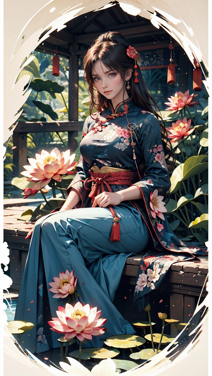 Ancient Chinese beauty sitting on a stone, Wearing ancient Chinese costumes, Flowing blue tulle, light silk, Lazy pose, Big lotus leaf, Lotus flower, Ink painting style, Beautiful colors, The decisive cut, blank, free-hand, masterpiece, Very detailed, A magnificent composition, high quality, 最high quality, 4k --v6