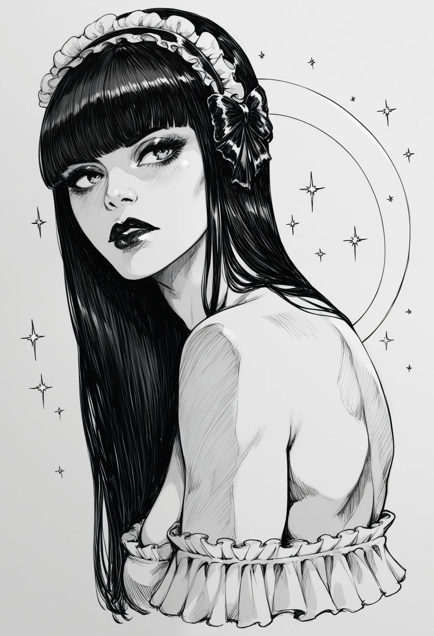 score_9, score_8_up, score_7_up, score_6_up, sp1t, monochrome, pale, smooth skin, hair over both eyes, long straight black hair, blunt bangs, full lips, slender physique, ta fashion, black lips, scowl, centered
