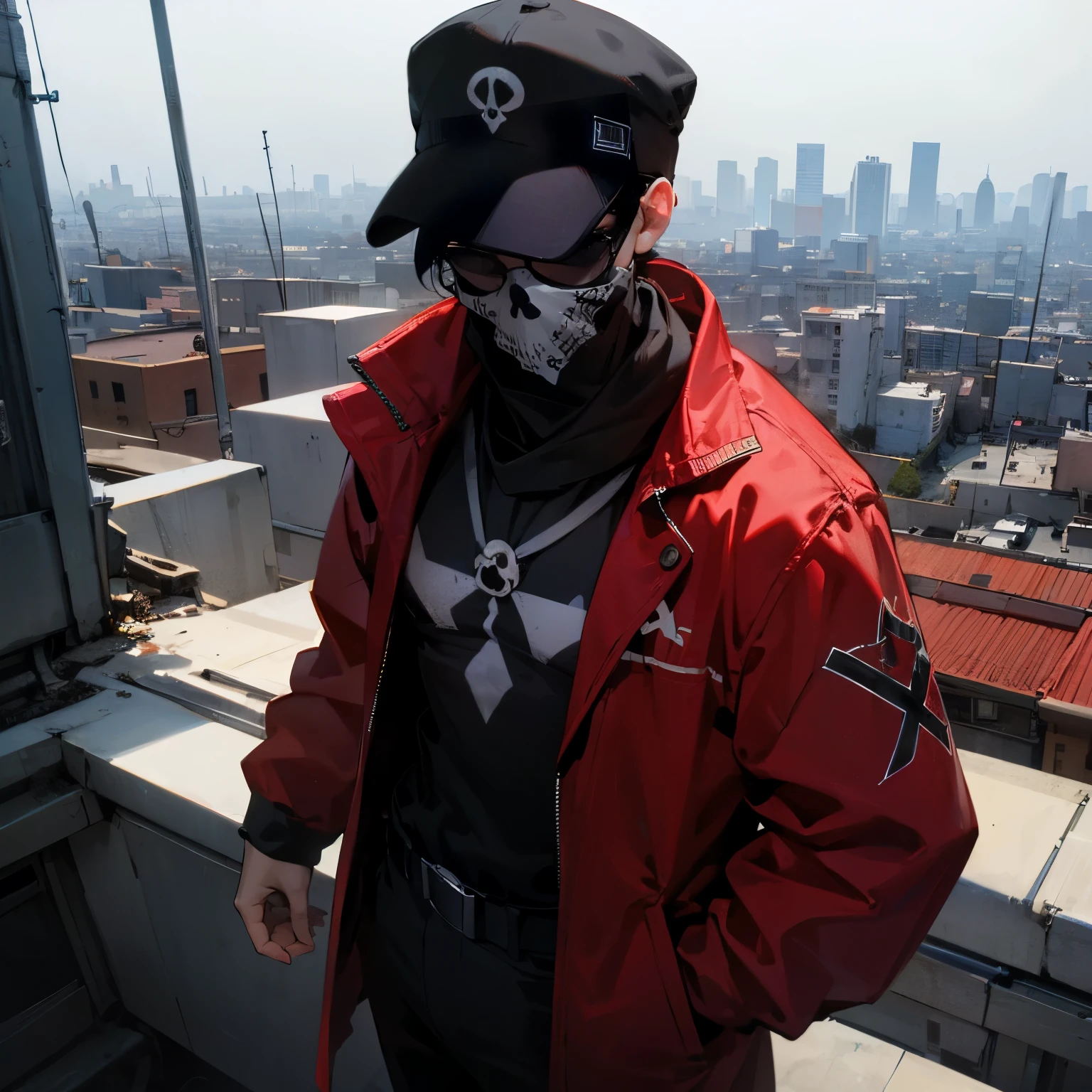 1male , White Cap with a Red X symbol ,Black Shades , Black Hair, Baggy Red Jacket , White Compression Shirt with a Red X Symbol On The Chest , Standing on rooftop , Modern City Background , Skull Facemask , Bandana Facemask