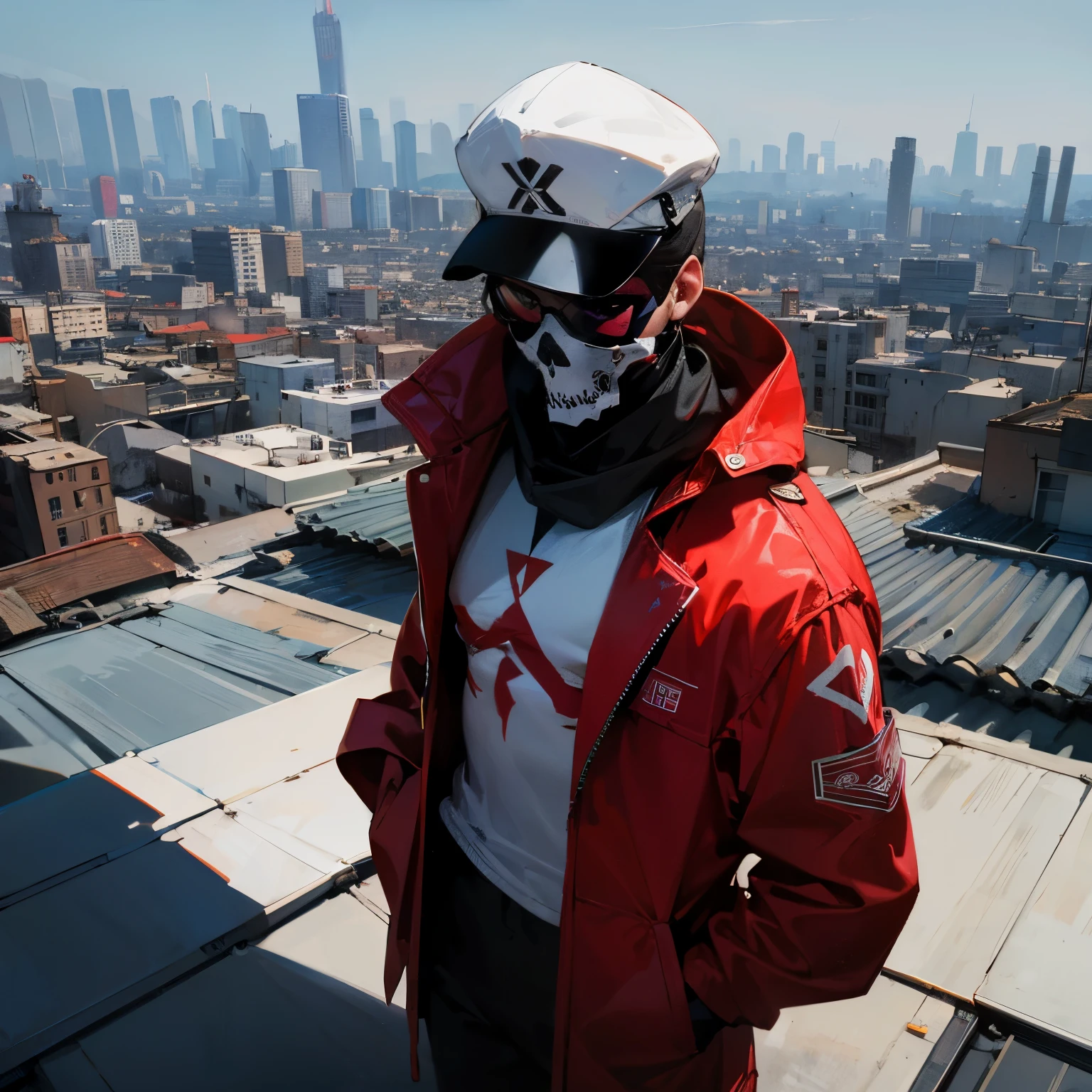 1male , White Cap with a Red X symbol , Black Shades, Baggy Red Jacket , White Compression Shirt with a Red X Symbol On The Chest , Standing on rooftop , Modern City Background , Skull Facemask , Bandana Facemask