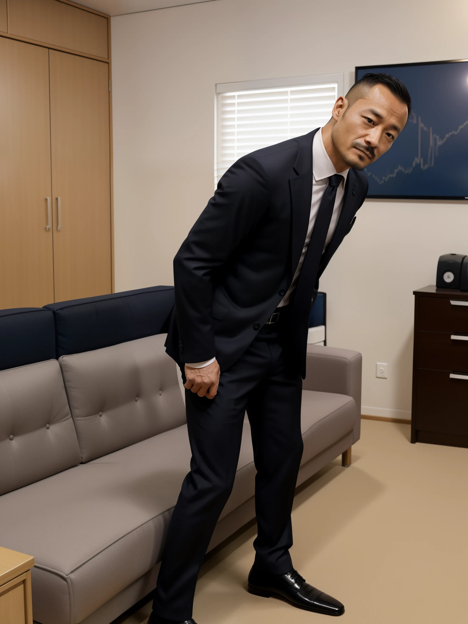 40 years old，Hidetoshi Nakata，（Kogoro Mori 1.3），whole body，Lean，muscle，office，black，foot，Suit，foot抬起，sofa，Baldhead ，transparent，Thick body hair，underwear，Topless，Densely hairy，Fortitude，HD，With a mustache