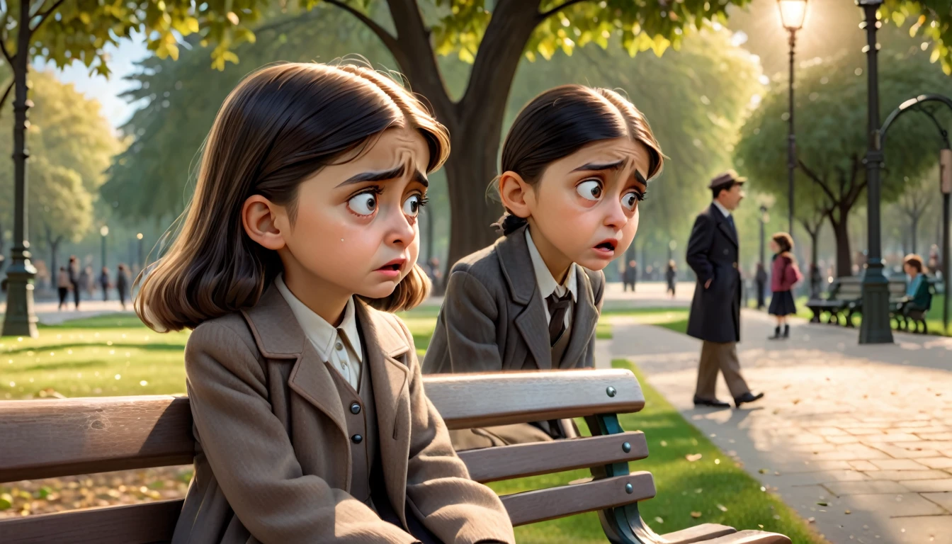 A young girl, 5 years old, sitting on a park bench, crying, Franz kafka trying to talk with the girl. 1girl, detailed face, crying expression, park bench, detailed clothes, detailed background, cinematic lighting, dramatic lighting, highly detailed, photorealistic, 8k, award winning, masterpiece