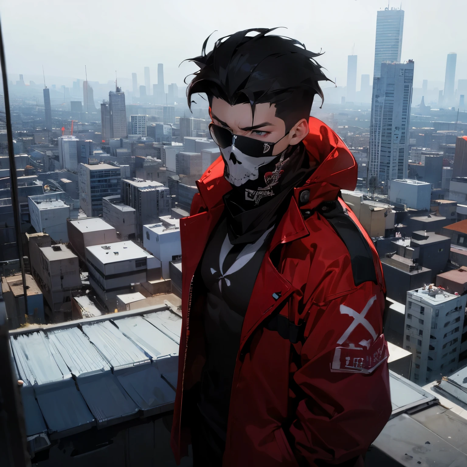 1male , White Cap with a Red X symbol covering eyes ,Black Shades,Messy Hair , Undercut Hair , Black Hair, Baggy Red Jacket , White Compression Shirt with a Red X Symbol On The Chest , Standing on rooftop , Modern City Background , Skull Facemask , Bandana Facemask