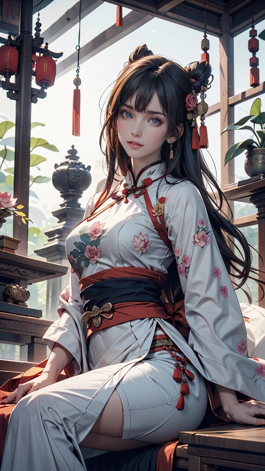 Ancient Chinese beauty sitting on a stone, Wearing ancient Chinese costumes, Flowing blue tulle, light silk, Lazy pose, Big lotus leaf, Lotus flower, Ink painting style, Beautiful colors, The decisive cut, blank, free-hand, masterpiece, Very detailed, A magnificent composition, high quality, 最high quality, 4k --v6