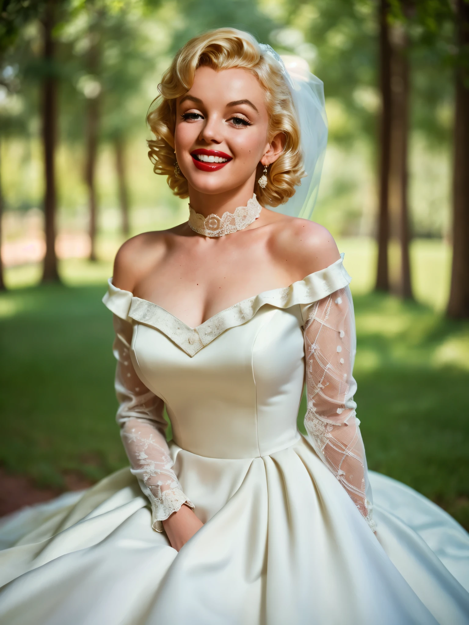 RAW photo, 1woman, portrait of  Marilyn Monroe, thin, wearing  a wedding dress with puff and ruffles, fabric lace dress, long sleeves, high neck dress,white spots  dress, intricate, elegant, highly detailed, depth of field, natural lighting, hard focus, ray traced, (evil smile:1.2), 8k uhd, dslr, soft lighting, high quality, film grain, Fujifilm XT3