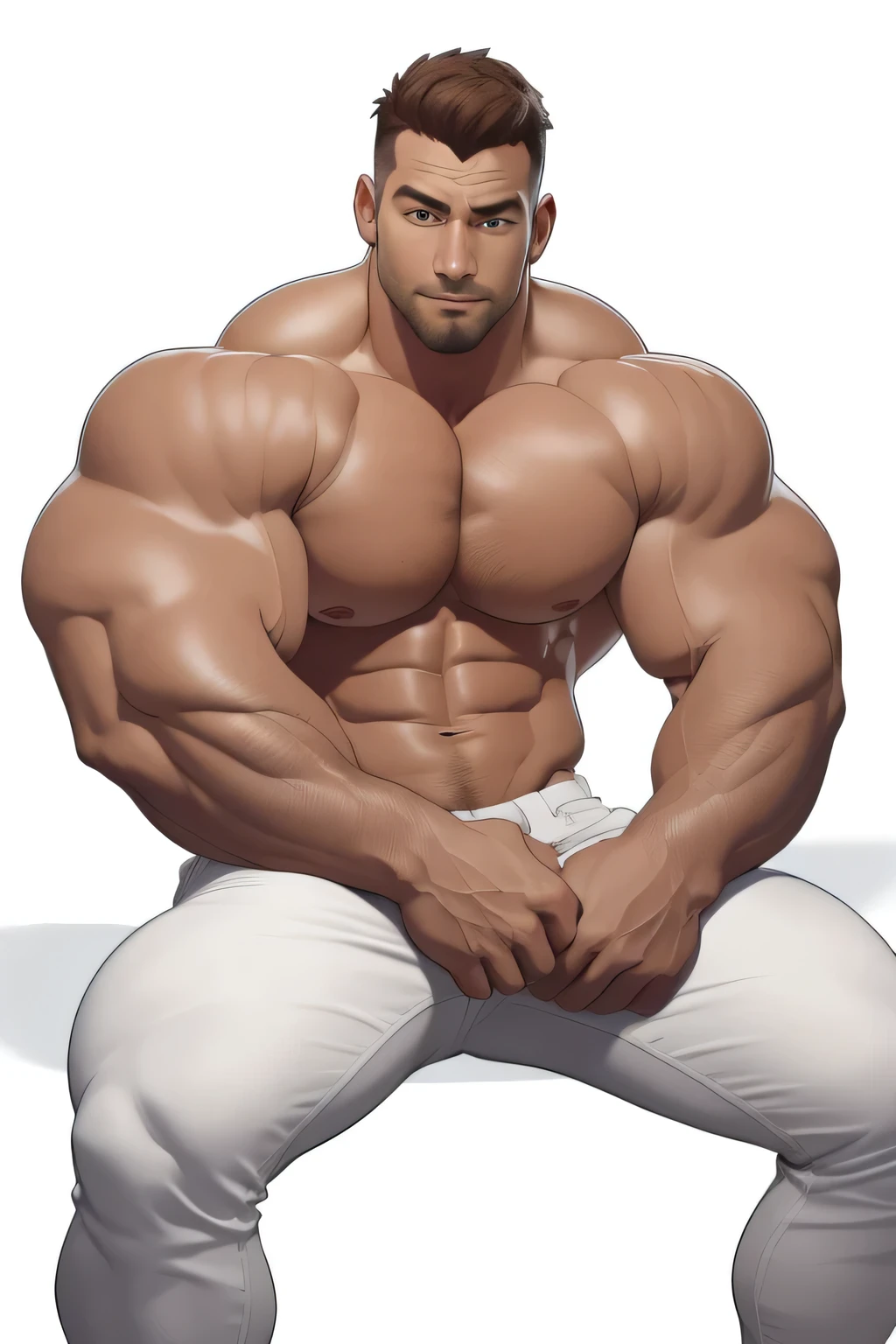 masterpiece, handsome ,sitting, clear face, clear eyes, best quality, muscular, bara, shirtless, mature male ,brown anime hair, large pectorals, huge arms and hands, thick eye browse, white jeans , cropped feet, white background