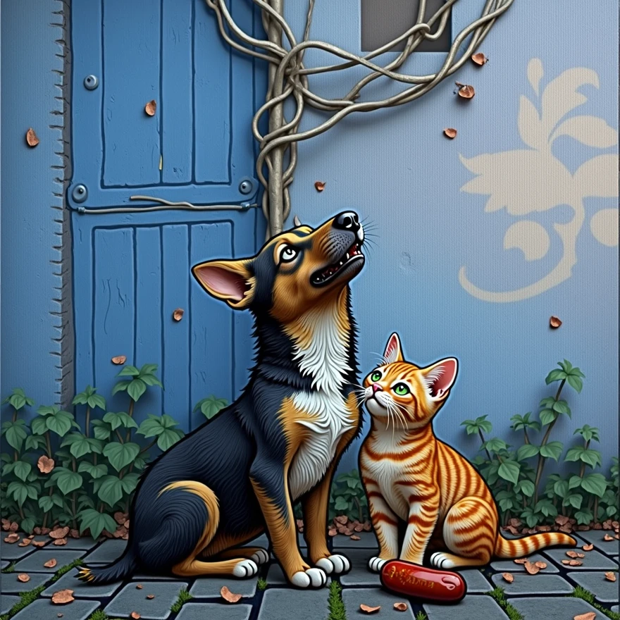  A young cat with ginger fur with white spots and green surprised eyes sits on the path, and watches as a homeless dog eats a sausage, The dog's fur is brown-black , The dog has a white spot on its chest and a brown and white face, The dog's fur is bristling