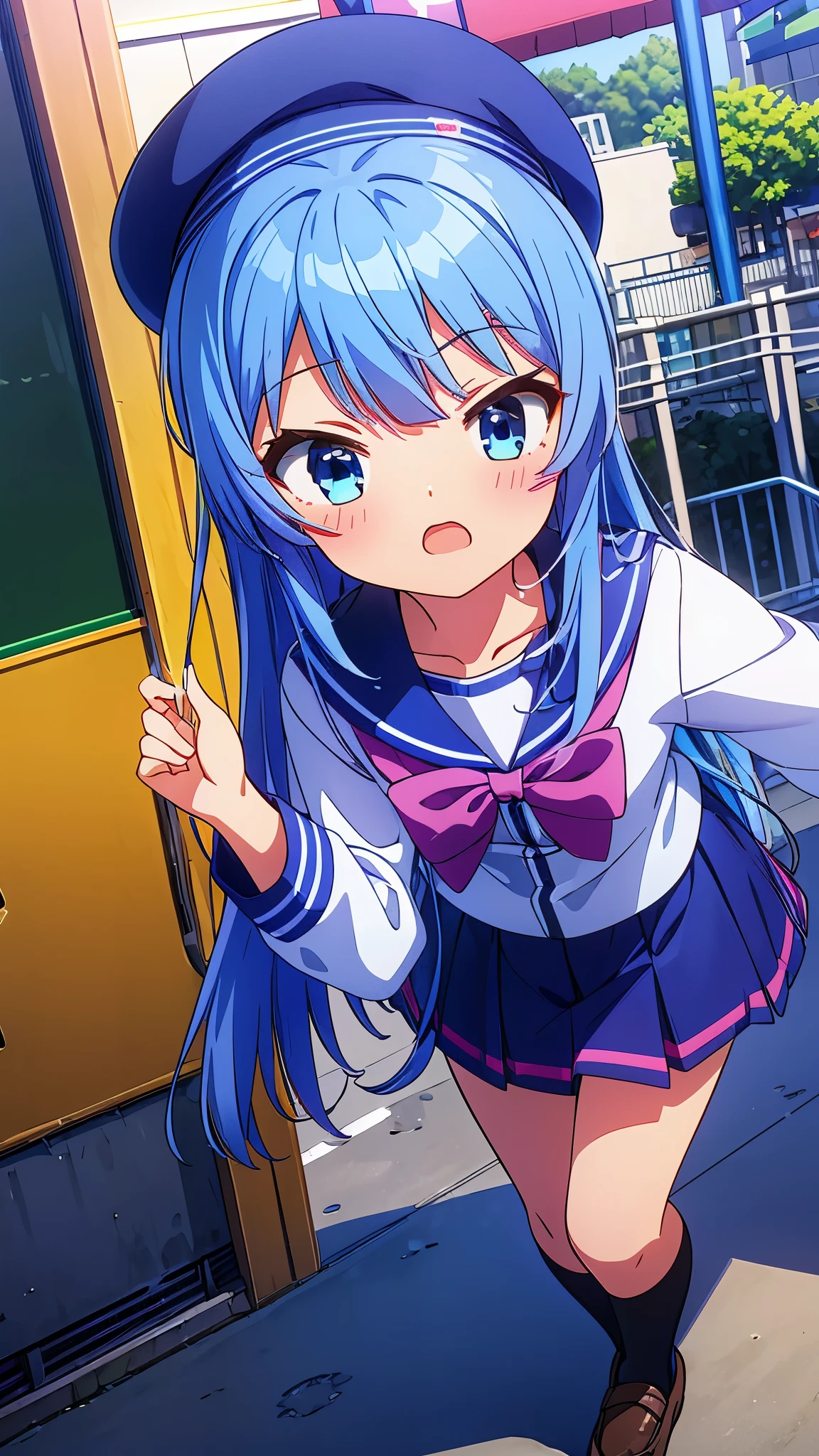 One girl only girl masterpiece、Superior image quality、超High resolution、blue hairs、blush、mock、Open your mouth a little、casual clothes、casual miniskirt、Wearing a small beret、japanese amusement park school uniform navy