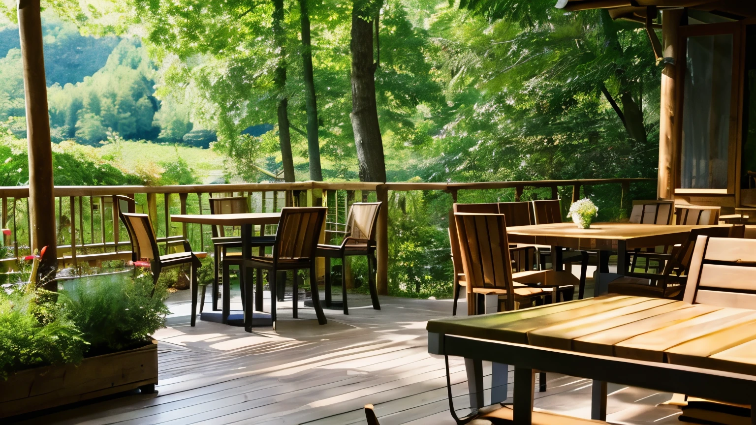 A cafe terrace surrounded by nature with a mug as the subject