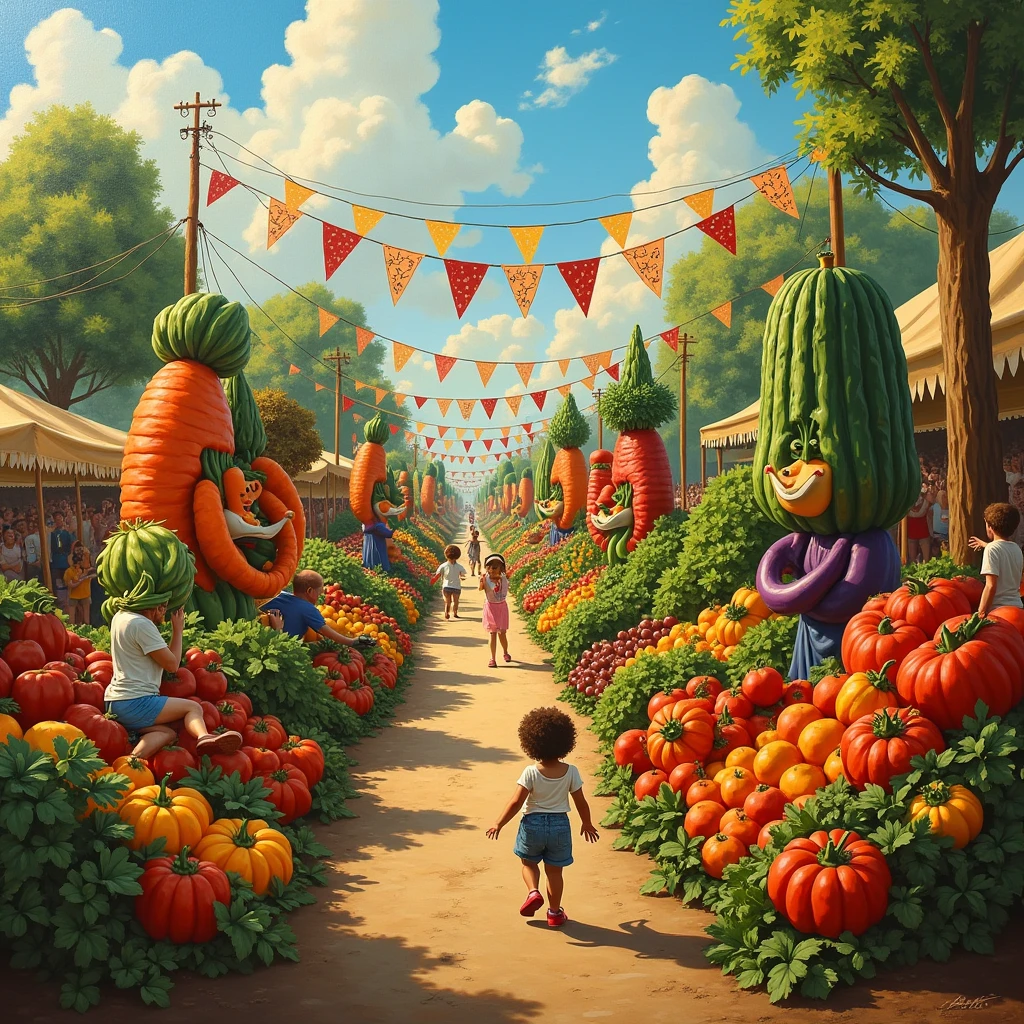 
(best quality, 8K, high resolution, masterpiece), ultra detailed, oil painting, a lively harvest festival where vegetables are the stars, with elaborate vegetable sculptures, colorful banners, and joyful people celebrating amidst an abundance of produce, painted in warm, festive tones.
