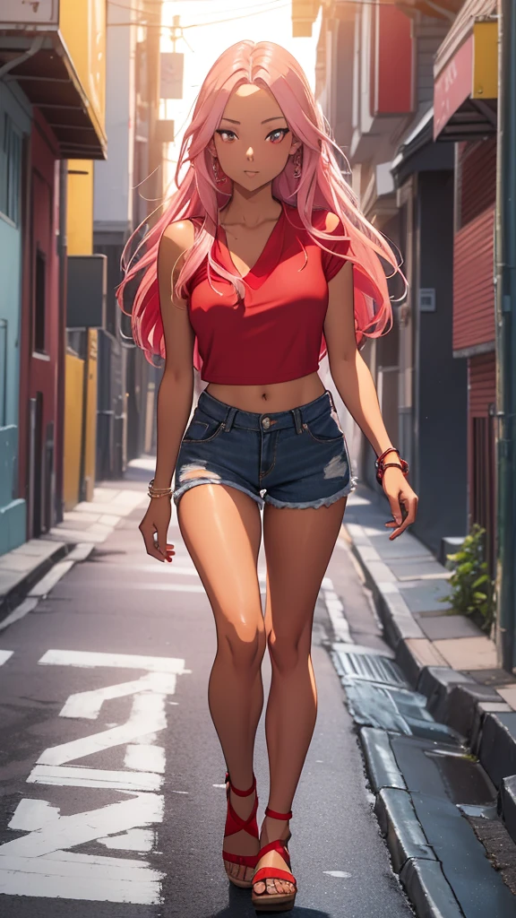 On a summer night, On a busy street in the suburbs, a woman with tanned skin and long pink hair. She is wearing a ((((provocative red top )))) que se ajusta perfeitamente ao seu corpo , Jean shorts and sandals with crystals, She walks down the alley, Leaving a trail of desire.